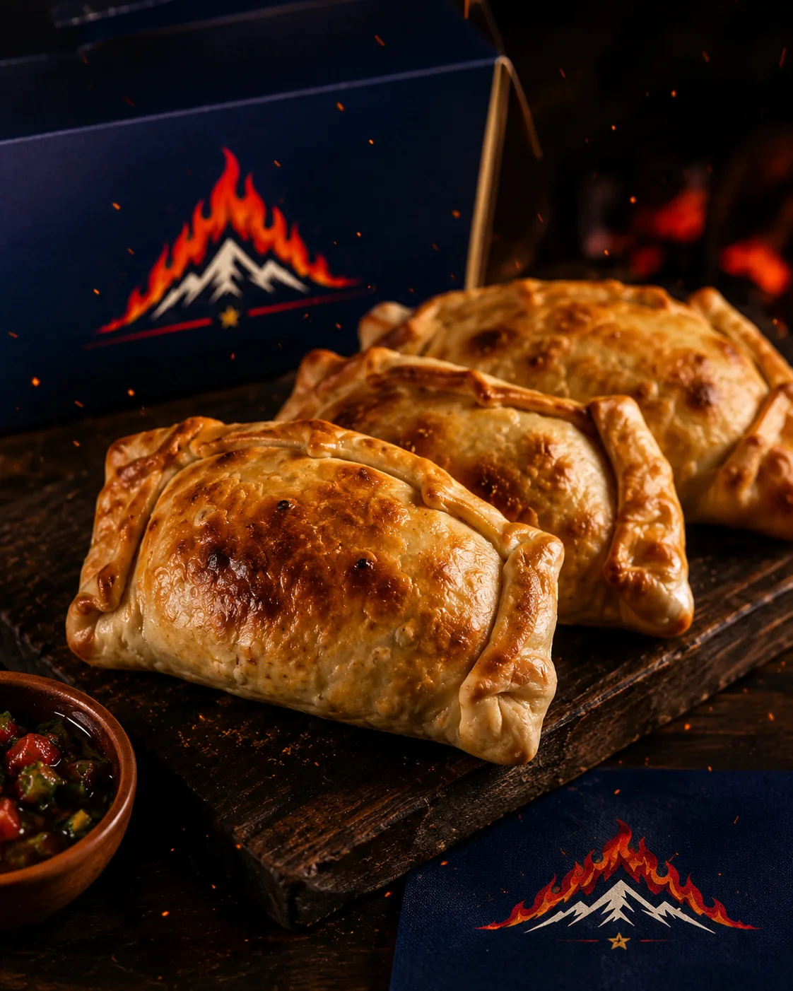 Empanadas chilenas douradas em apresentação rústica