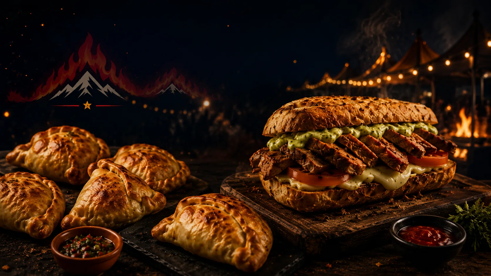 Composição gastronômica rústica com empanadas e sanduíche chileno