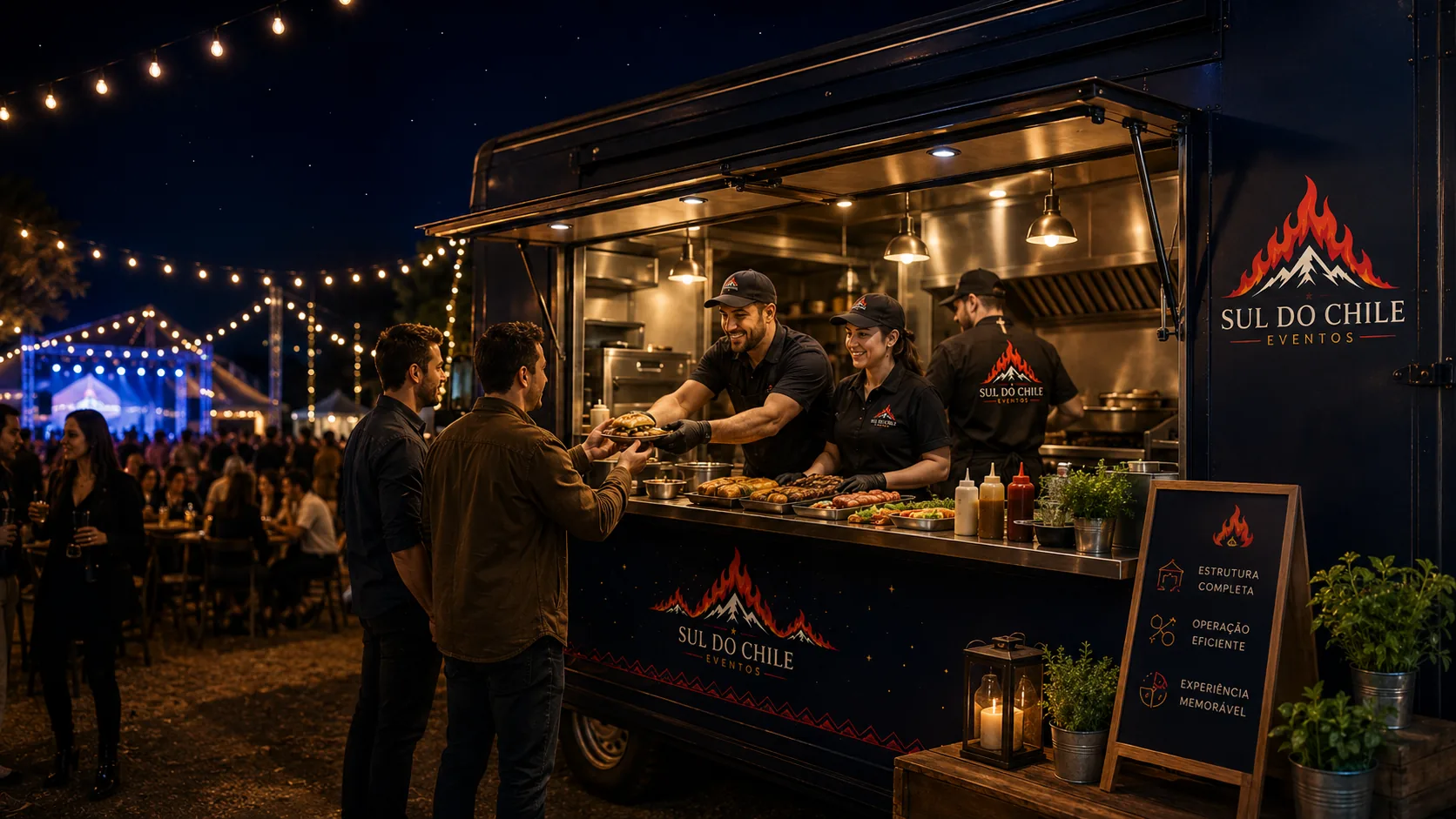 Food truck Sul do Chile Eventos atendendo em evento noturno